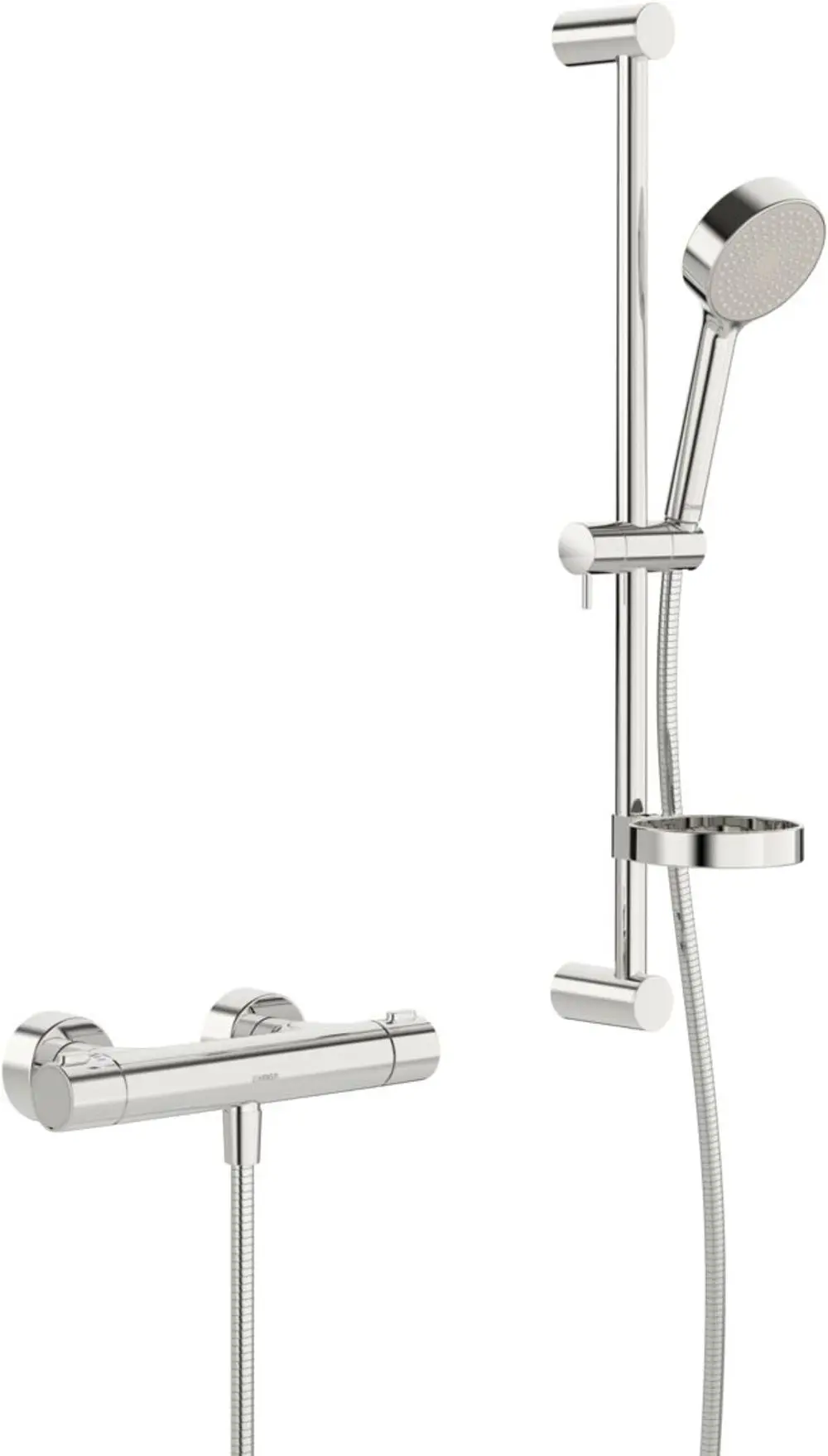 Brausebatterie und Brausegarnitur in Chromfinish mit einem schlanken Design von HANSA. Die Garnitur umfasst eine Handbrause, einen Schlauch und eine Halterung.
